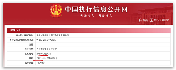 陽光城集團蘭州梨花島置業被列為被執行人，執行標的約121萬元